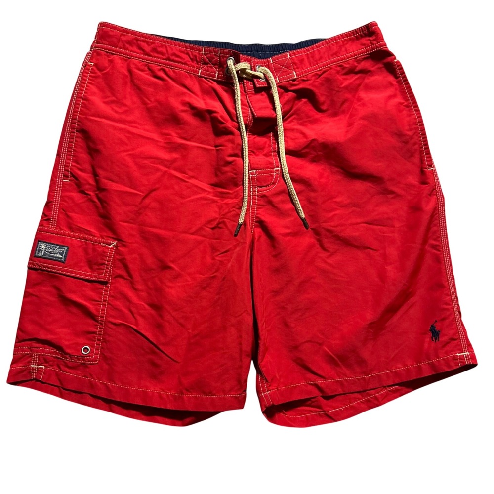 Polo Ralph Lauren Swim Trunks Mens L Red Nylon Mesh Lined Cargo Drawstring